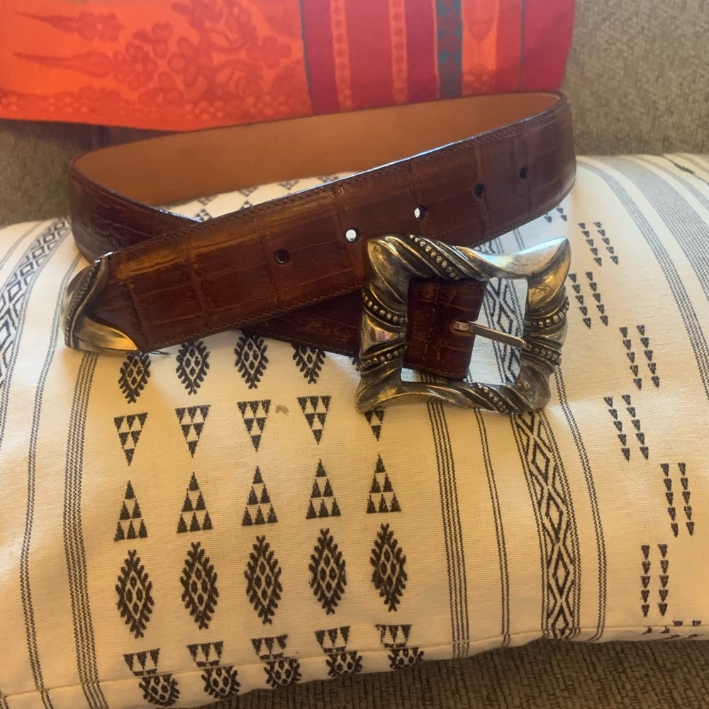 Brighton vintage brown embossed leather belt chunky embellished buckle size 36